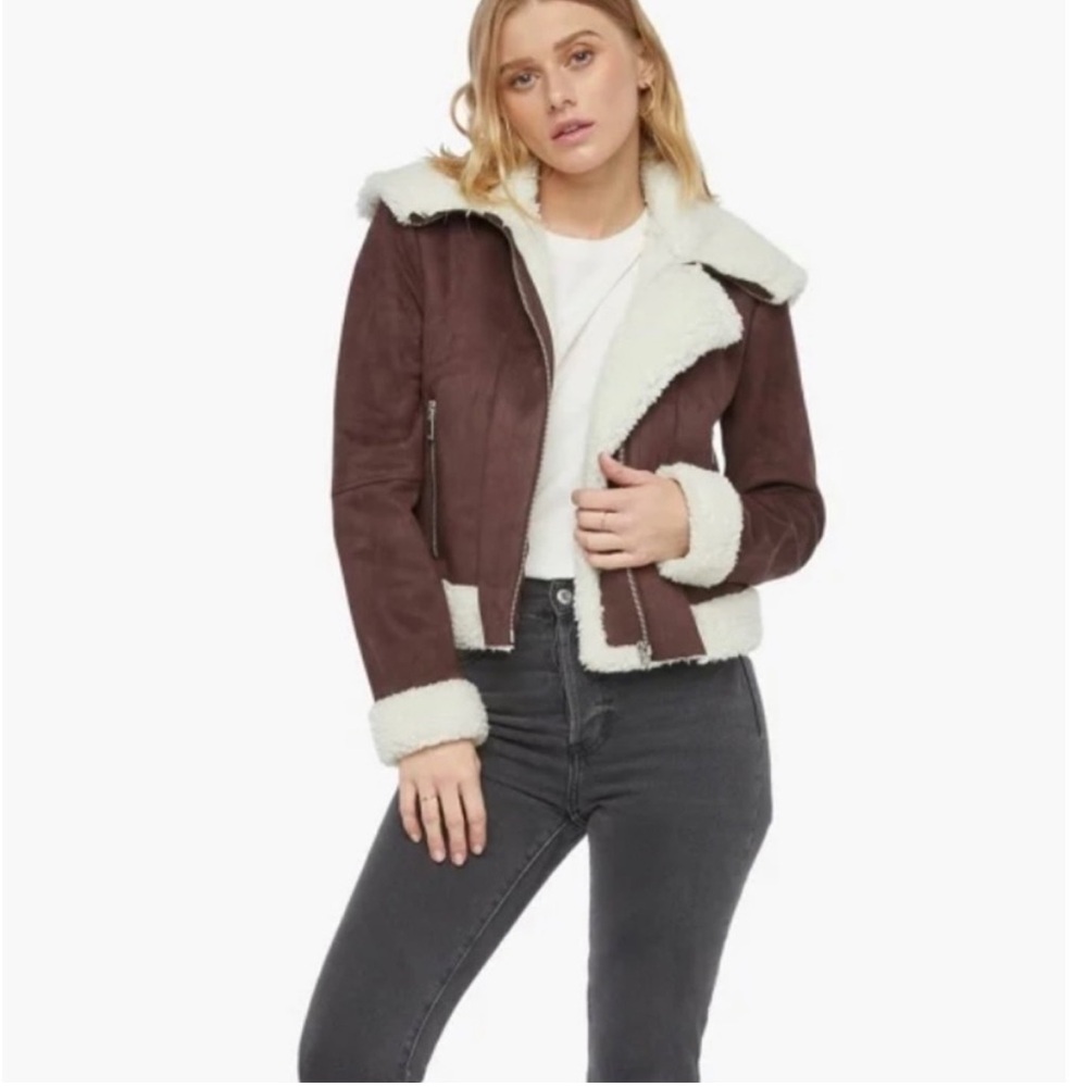 NEW JustFab Dark Brown Faux Suede Moto Sherpa Lined Aviator Jacket Size Medium - Picture 2 of 10